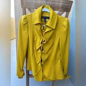 Mustard Ponte Knit Ruffle Puff Sleeve Jacket Small